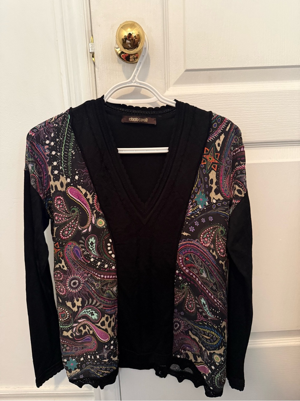 Roberto Cavalli Black Silk Paisley Panel V-Neck Top IT 38 / US 2